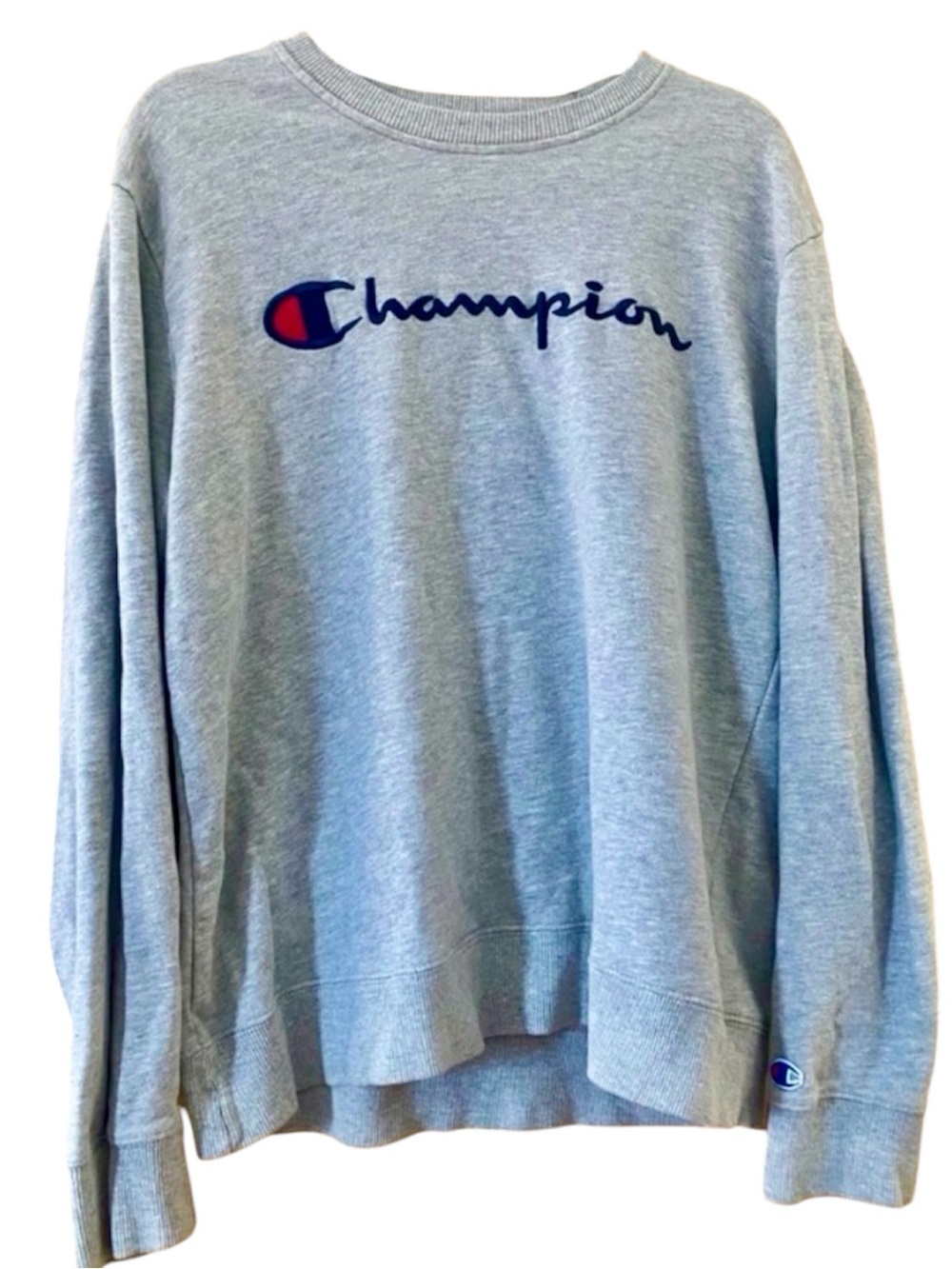 Champion Script Logo Crewneck Sweatshirt Gray Large Embroidered Pullover Men